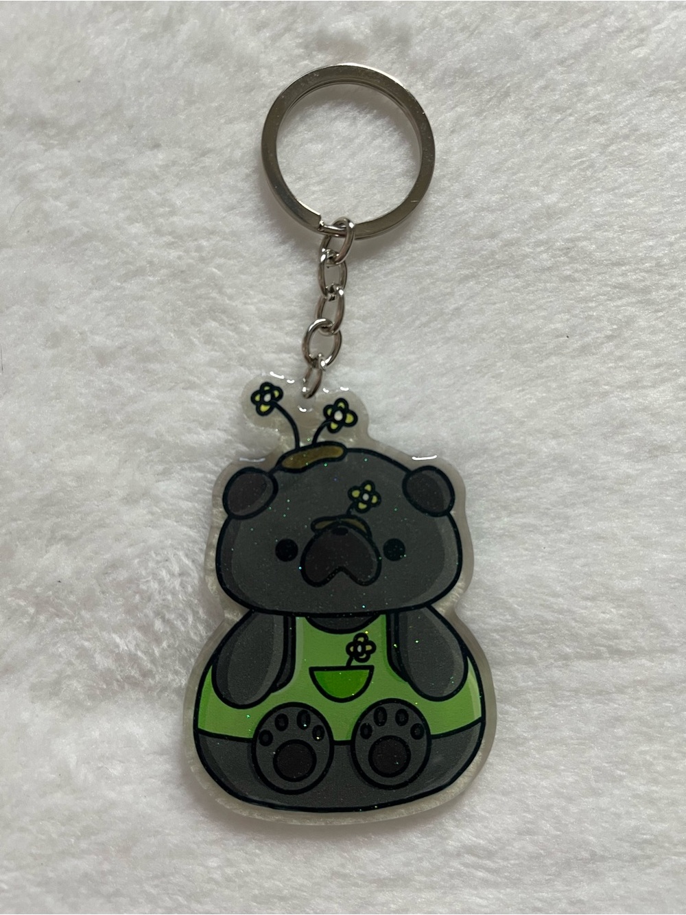 Pug black acrylic glitter keychain Cute Keychain with Green Overalls
